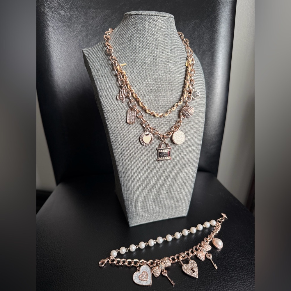 Guess Rose Gold Charm Necklace and Bracelet Set